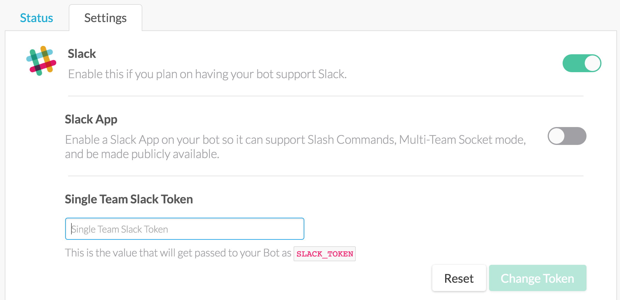 Slack bot settings page